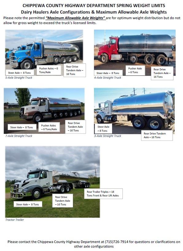 Dairy hauler truck axle configurations with weight limits